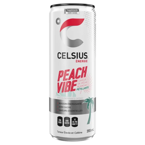 Boisson énergisante pétillante à saveur de pêche blanche, Peach Vibe